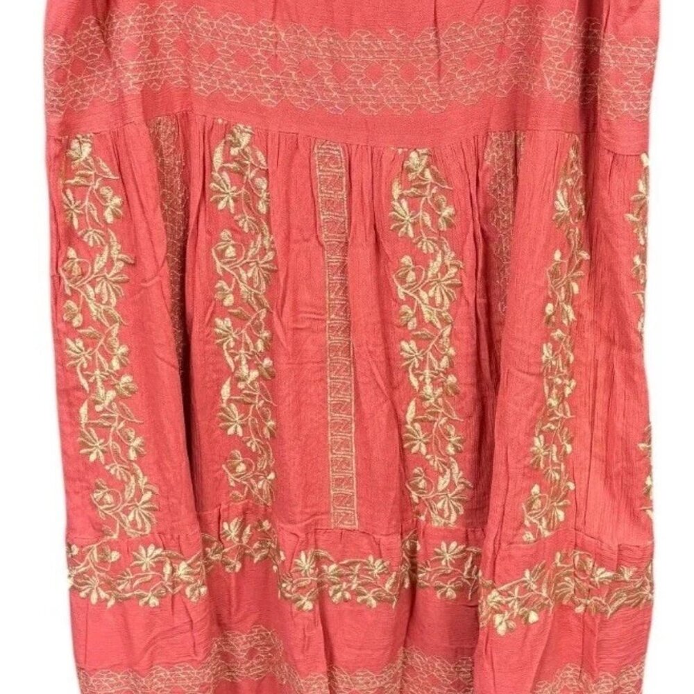 NWT Hale Bob Coral Gold Boho Embroidered Gauze Crinkle Maxi Skirt Size XL - Picture 2 of 9